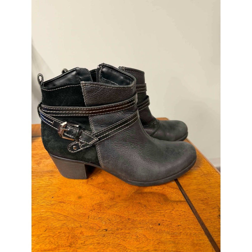 Earth Origins Womens 8 Black Raven Leather Suede Ankle Boots Buckle Block Heel